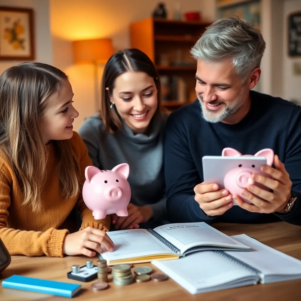 Ouders die kinderen leren over geld met spaarpot en budget